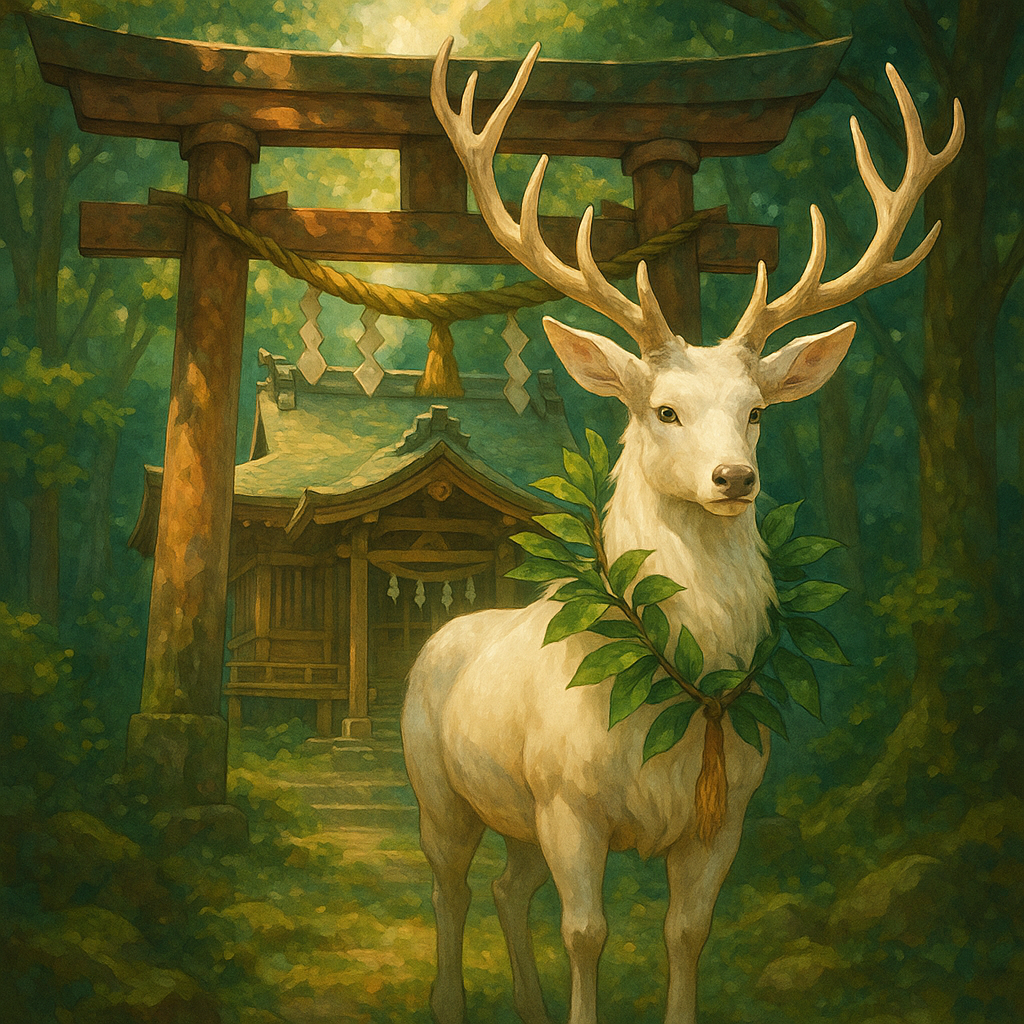 神社の境内に佇む白い鹿が、神聖な境界を示す鳥居と共に描かれている。鹿は葉の冠をかぶり、自然との調和を象徴している。