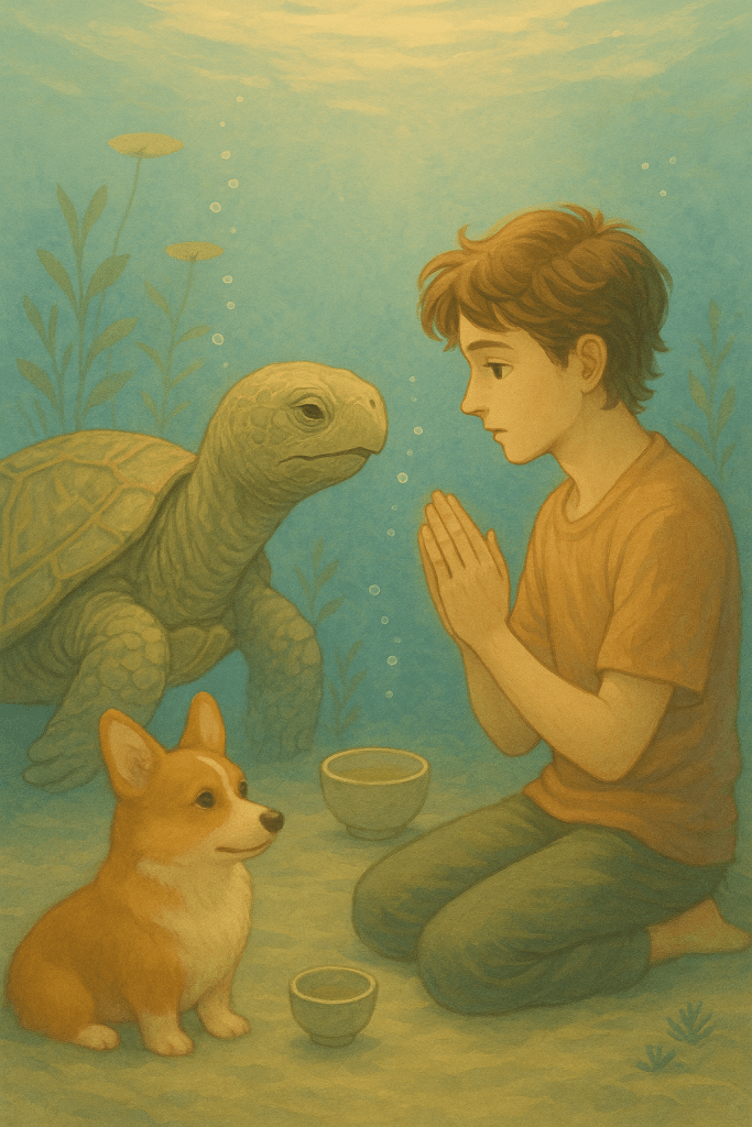 水中で祈る少年とカメ、犬が共に座っている幻想的なシーン。