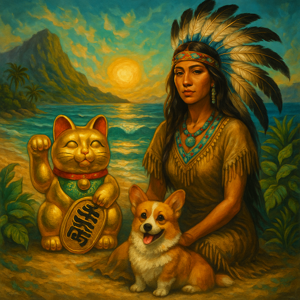 夕日を背景にしたビーチで、羽飾りをつけた女性が立っている。その隣には金色の招き猫とコーギー犬が座っており、植物と山々が風景に溶け込んでいる。
