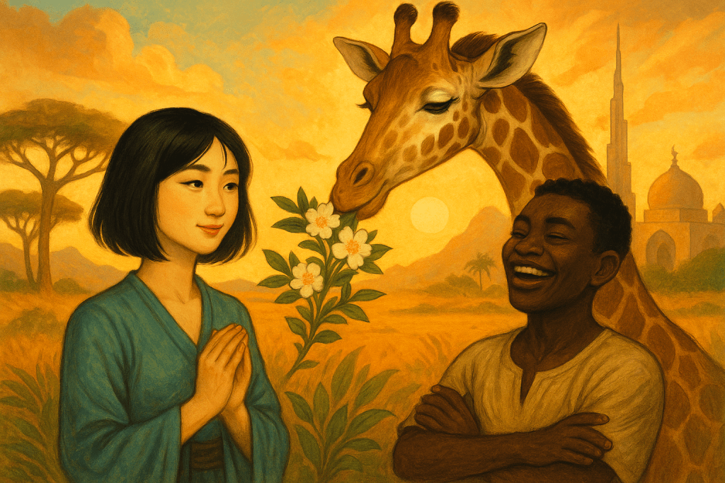 アフリカのサバンナの風景を背景にした、優しい笑顔を持つアジア人女性と、黒人男性が交流している。彼女は花を手に持ち、男性は笑顔で腕を組んでいる。隣にはキリンがいて、夕日が輝いている。